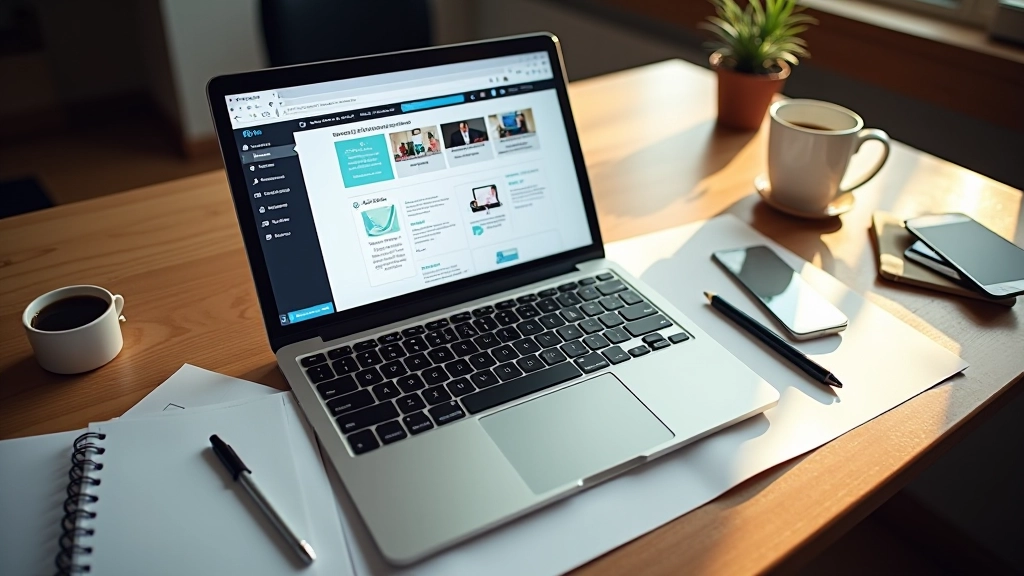 Schreibtisch mit Laptop zeigt Website-Entwurfswerkzeuge und Footer-Layout-Beispiele