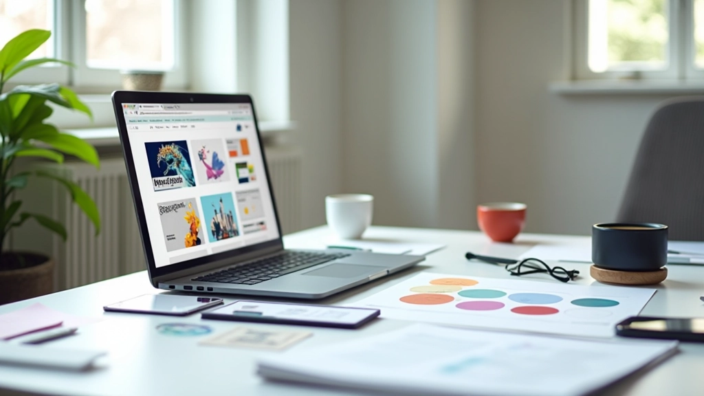 Moderner Arbeitsbereich mit Design-Tools, Farbpaletten und Website-Layouts auf dem Monitor